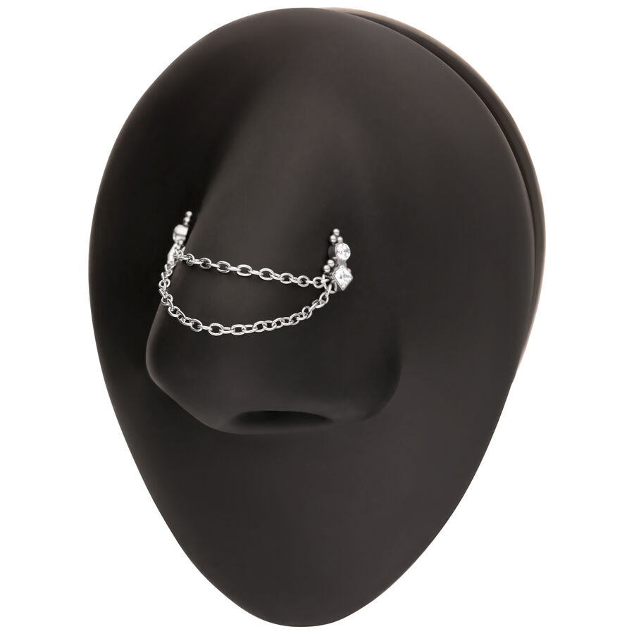 Catena piercing argento con sfere su supporto nero