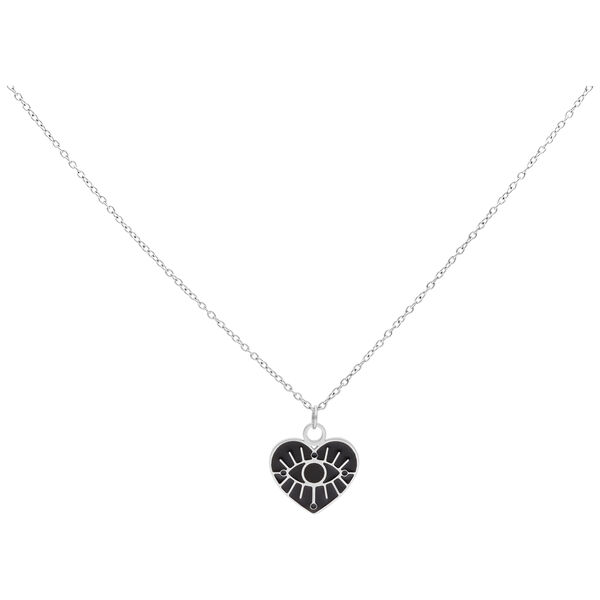 Collar de plata con colgante de corazón y ojo negro sobre fondo blanco