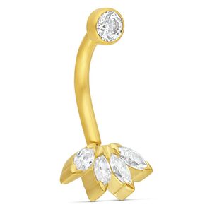 18K Gold Bananabell mit Kristallblüten Goldenes Bananabell mit klaren Kristallen auf weißem Hintergrund