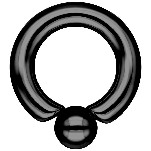 Musta ruuvirengas kirurginteräksestä, 6mm paksuus, 15mm sisähalkaisija, 10mm pallo valkoisella taustalla