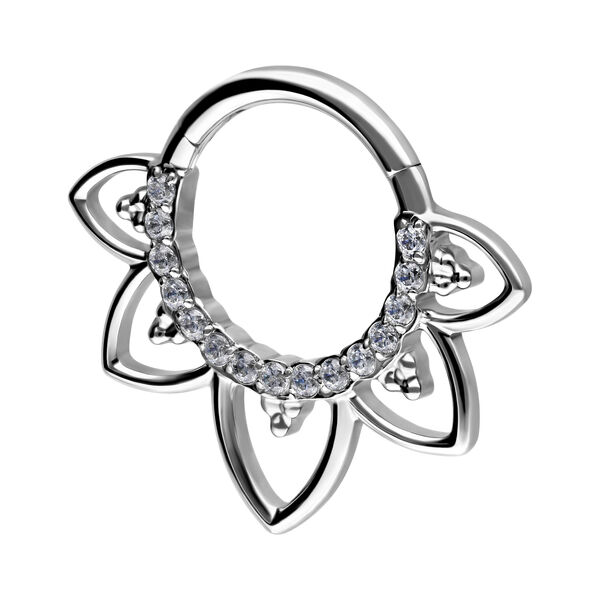 Clicker de septum plateado con diseño floral y adornos de cristal sobre fondo blanco