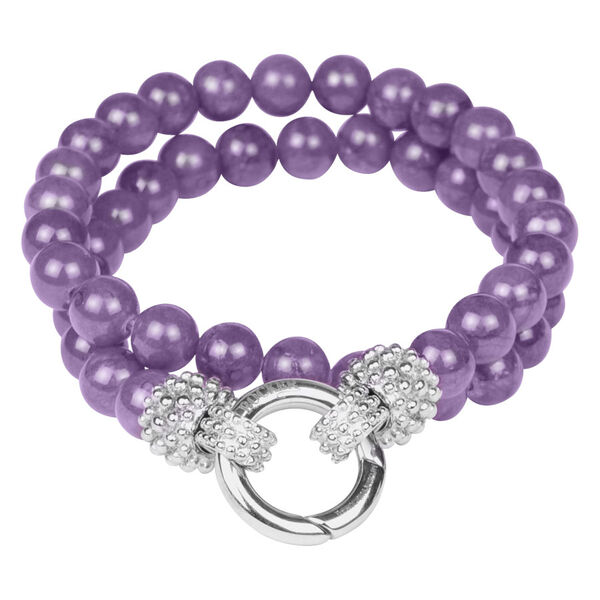 Pulsera de tres hileras en gris lila con cierre plateado, fondo de estudio
