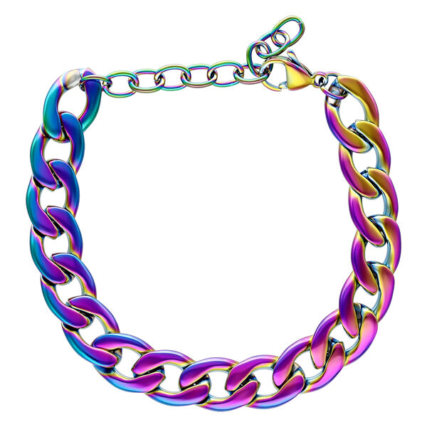 Bracciale anodizzato in acciaio chirurgico con colori arcobaleno su sfondo bianco