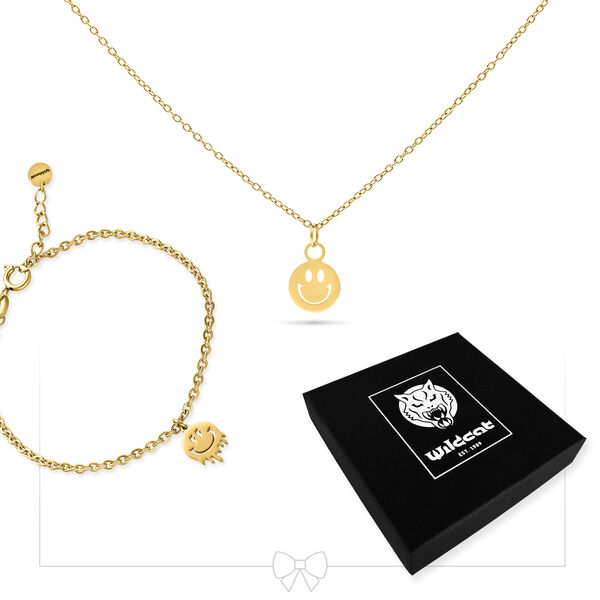 Collar dorado con colgante de Smiley y pulsera a juego, caja de joyas negra de Wildcat