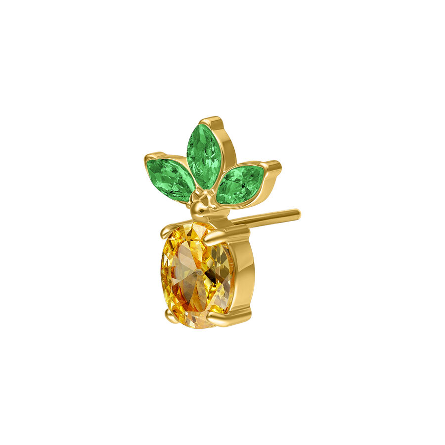 Ajuste dorado en forma de piña con piedra amarilla y hojas verdes sobre fondo blanco