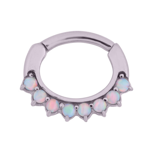 Silberner Opal Prong Clicker mit weißen Opalen auf weißem Hintergrund