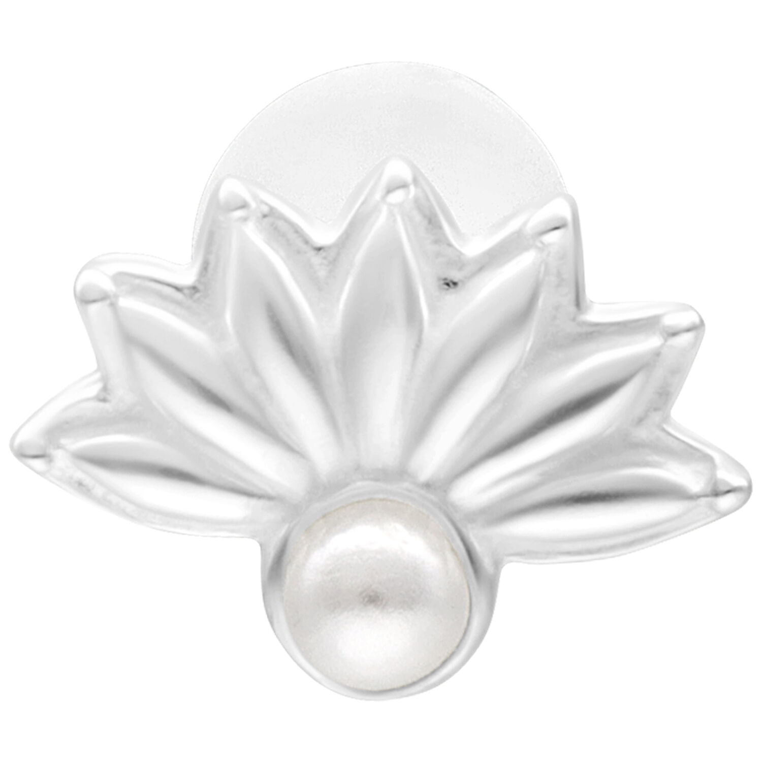 Silbernes Pearl Peacock Labret 5,0 mm Silbernes Labret mit Pfauenmuster und Perlenaufsatz auf weißem Hintergrund