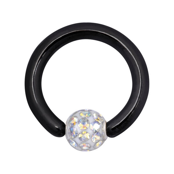 Anillo de bola negro de titanio con cristal multicolor Aurora Boreale sobre fondo blanco