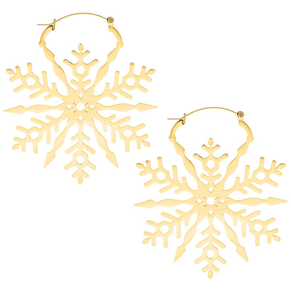 Dos pendientes dorados en forma de copos de nieve sobre fondo blanco