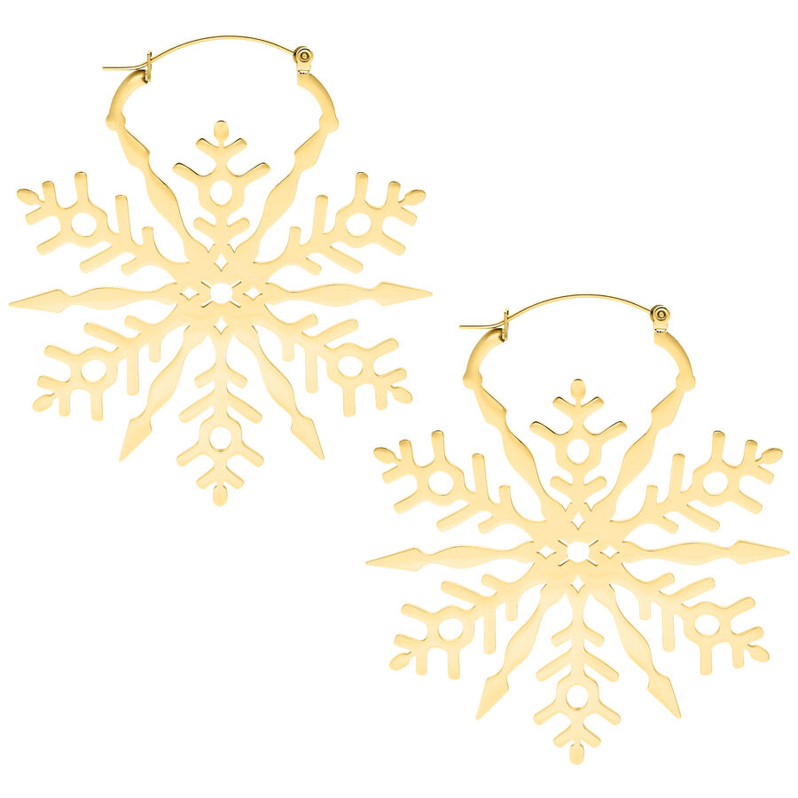Due orecchini dorati a forma di fiocco di neve su sfondo bianco