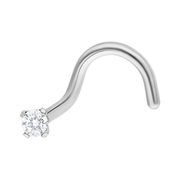 Piercing nasal de plata de acero quirúrgico con cristal claro sobre fondo blanco