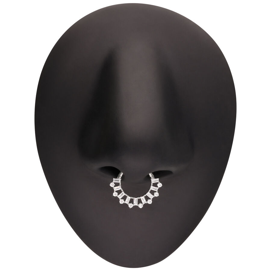 Clicker settimo argento con cristalli baguette su display nero