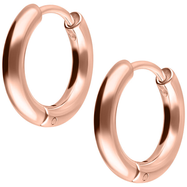 Dos aros brillantes en oro rosa con un diámetro de 10 mm sobre fondo blanco