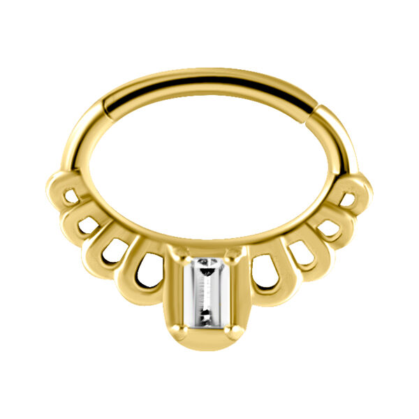 Goldener Septum Clicker mit klarem Kristall auf weißem Hintergrund