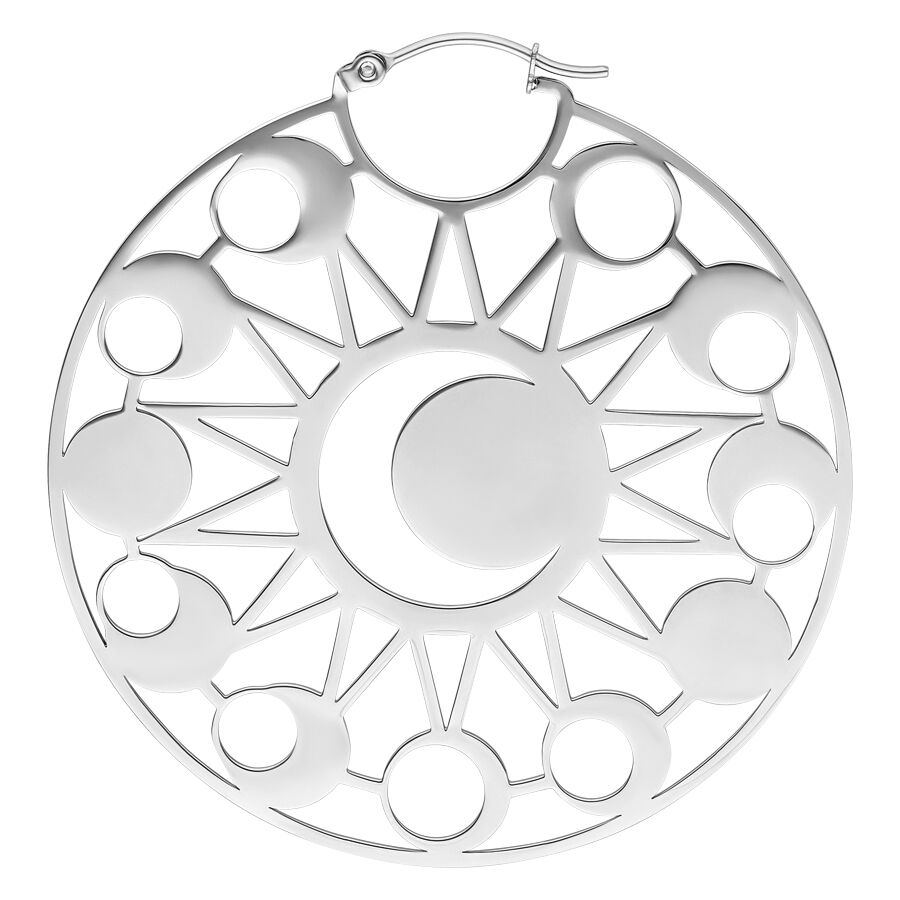 Orecchini rotondi in argento con design a fasi lunari su sfondo bianco