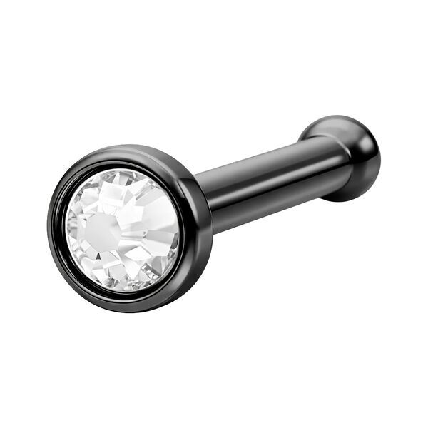Piercing al naso nero con cristallo chiaro su sfondo bianco