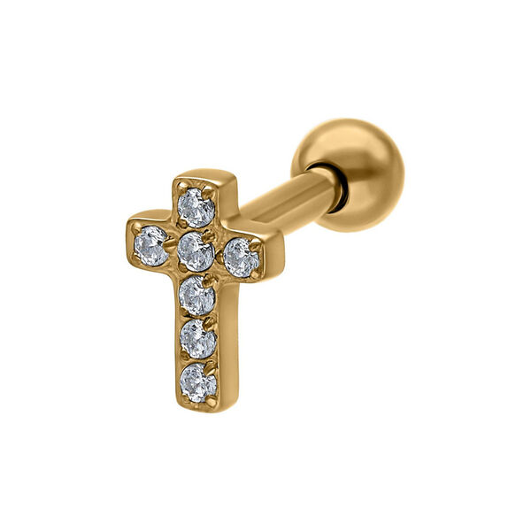 Goldenes Ohr Barbell mit Kreuz und klaren Kristallen auf weißem Hintergrund