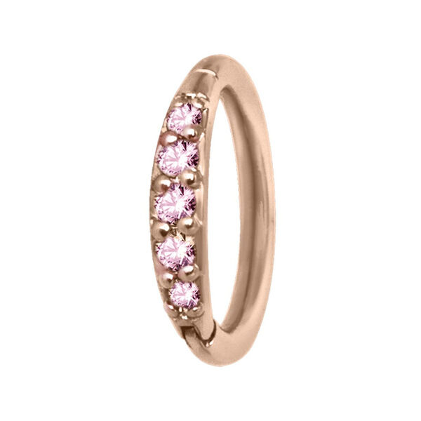 Anillo clicker de oro rosa con cristales rosas sobre fondo blanco