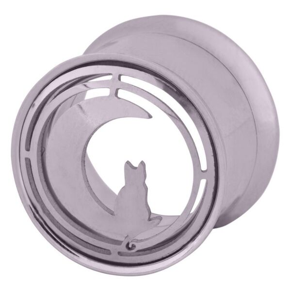Silbernes Ohrpiercing mit Katzenmotiv und Mond aus Chirurgenstahl