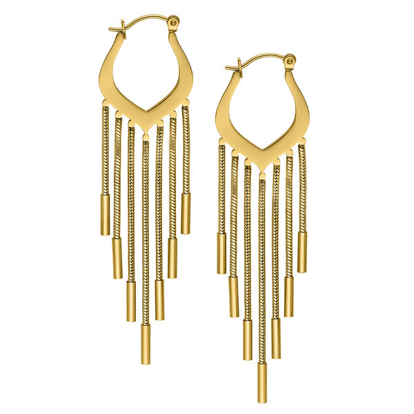 Goldene Ohrringe im Schlangenketten-Design mit Klappverschluss auf weißem Hintergrund