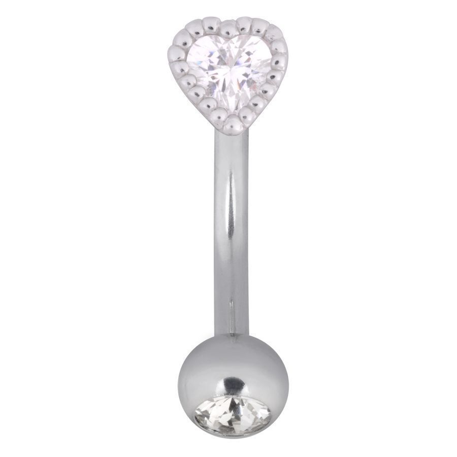 Micro Bananabell de corazón plateado con cristal claro sobre fondo blanco