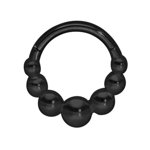 Anello piercing nero con design a sfere su sfondo bianco
