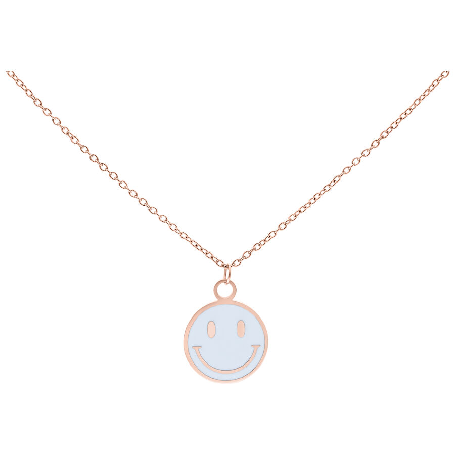 Collana in oro rosa con ciondolo a forma di smiley su sfondo bianco