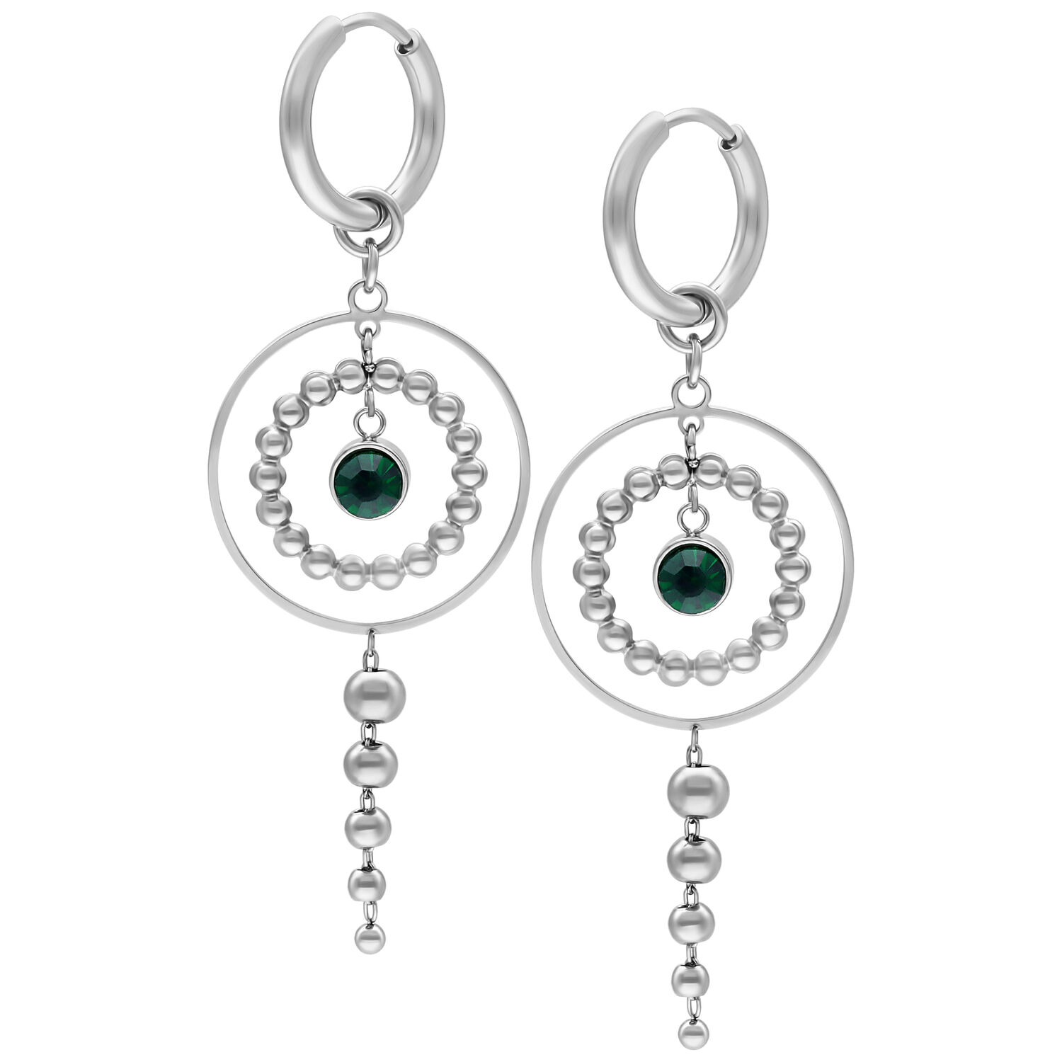 Little Aurora Hoops in Silber mit Smaragdgrün Silberne Creolen mit smaragdgrünem Kristall auf weißem Hintergrund