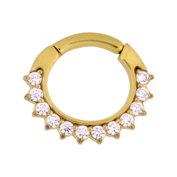 Goldener Hinged Ring mit klaren Kristallen auf weißem Hintergrund