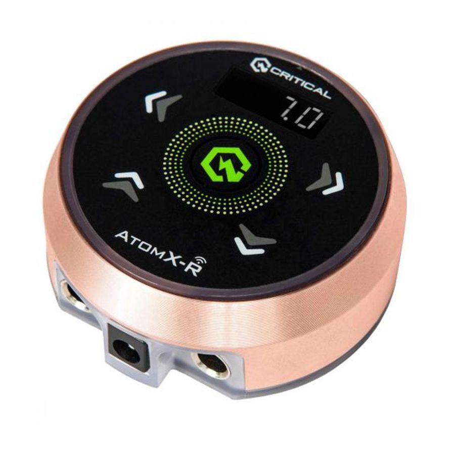 Alimentatore Atomxr rotondo in roségold con superficie nera e display