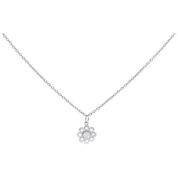 Cadena plateada con colgante de flores de cristal sobre fondo blanco