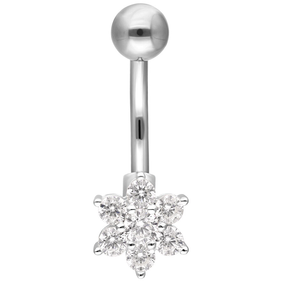 Piercing de ombligo plateado con colgante de cristal en forma de flor