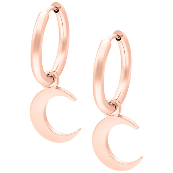 Dos aros en oro rosa con colgante en forma de luna, fondo de estudio