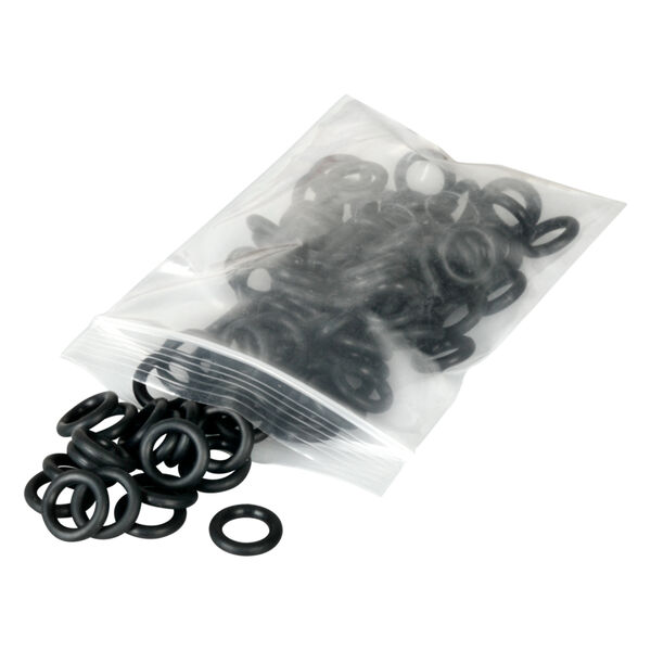 O-Ring in silicone nero in sacchetto trasparente su sfondo bianco