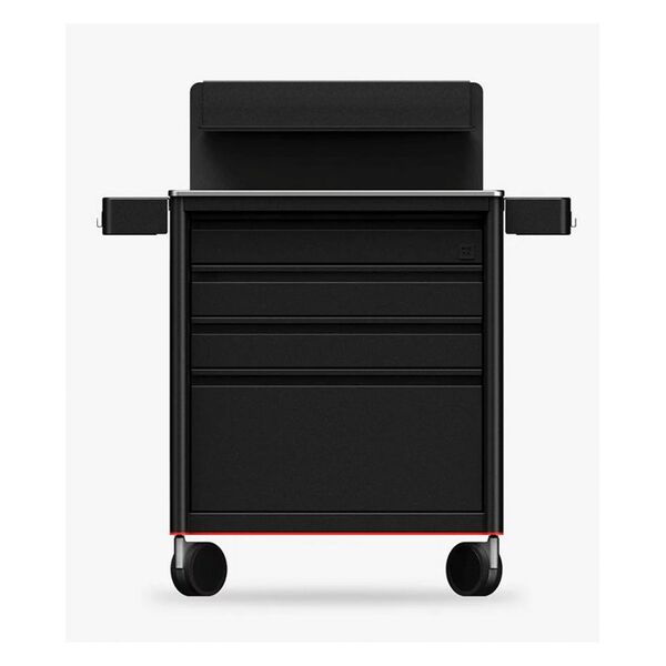 Musta Tattoo Workstation alumiinista, pyörillä, valkoisella taustalla