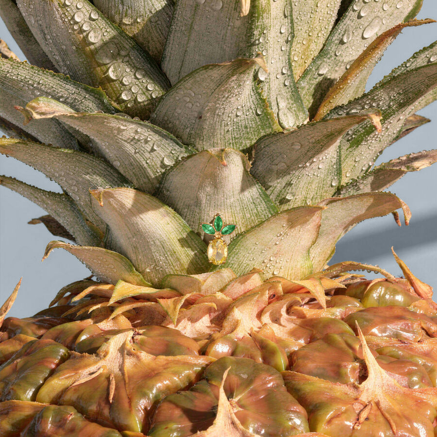 Primer plano de un ajuste de piercing dorado en forma de piña con hojas verdes, colocado sobre una piña real con gotas de agua