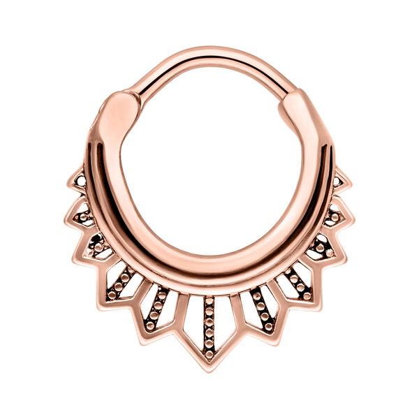 Clicker de septum en oro rosa con patrón decorativo de picos sobre fondo blanco