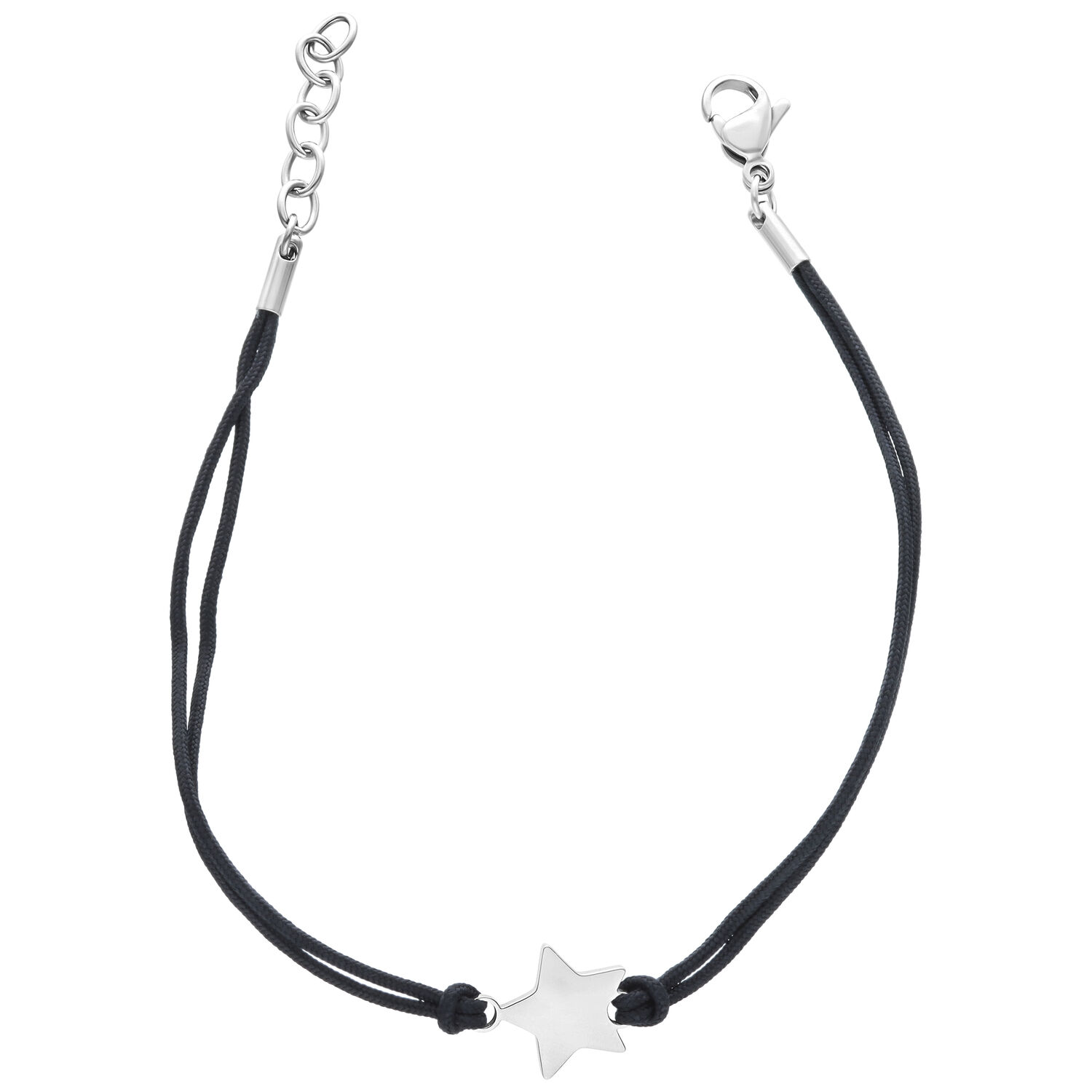 Toggle Star Nylon Armband in Schwarz Schwarzes Nylonarmband mit silbernem Sternanhänger auf weißem Hintergrund