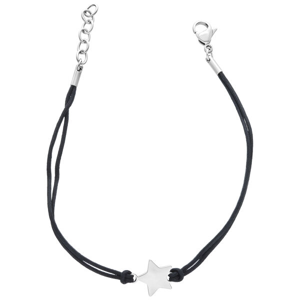 Pulsera de nylon negra con colgante de estrella plateada sobre fondo blanco
