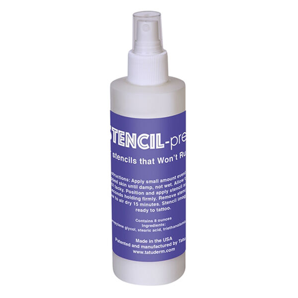 Flacone bianco di Stencil Prep Spray da 250ml con etichetta blu su sfondo bianco