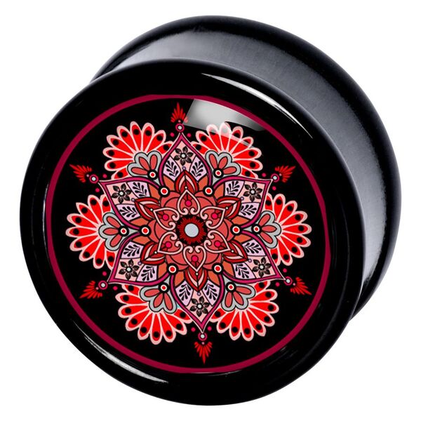 Schwarzer Plug mit rotem Mandala-Muster auf dunklem Hintergrund