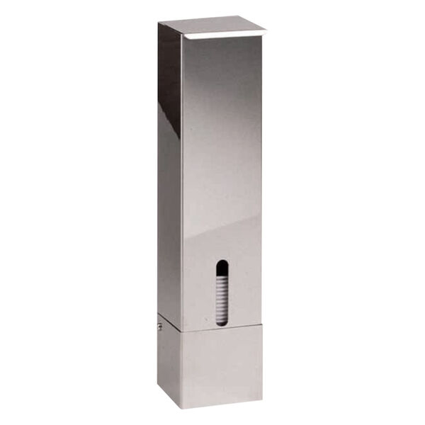 Dispenser in acciaio argentato per bicchieri su sfondo bianco