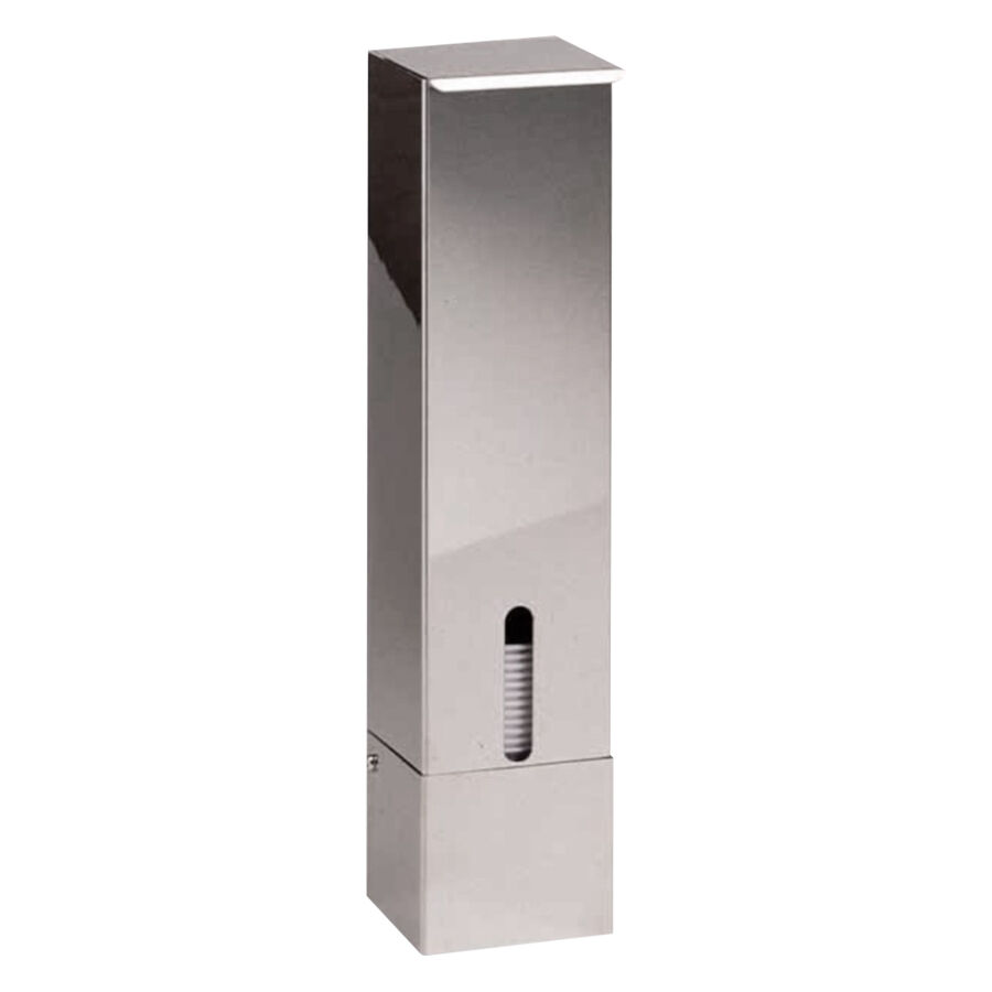 Dispenser in acciaio argentato per bicchieri su sfondo bianco