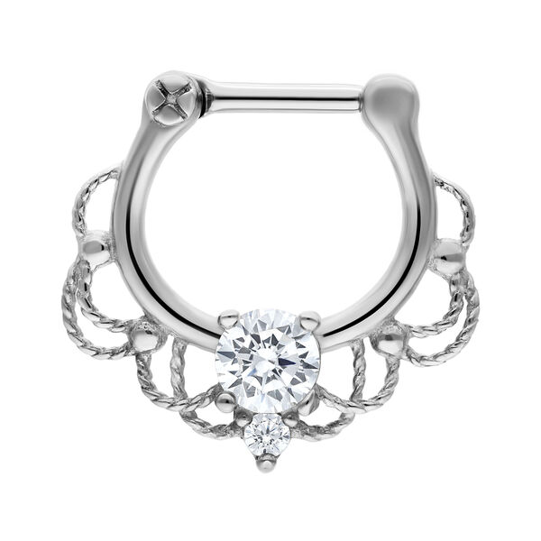 Clicker per setto in argento chirurgico con cristallo chiaro su sfondo bianco