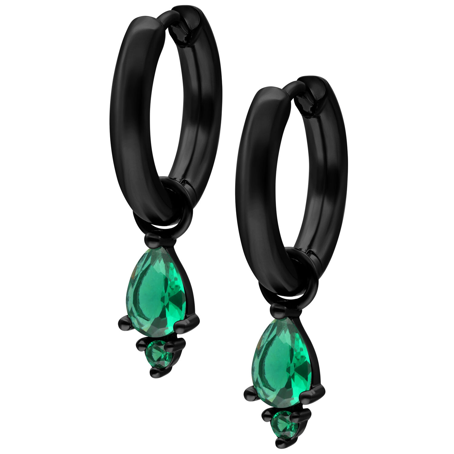 Kleine Tear Hoops in Smaragdgrün und Schwarz Schwarze Ohrringe mit smaragdgrünen Kristallen auf weißem Hintergrund