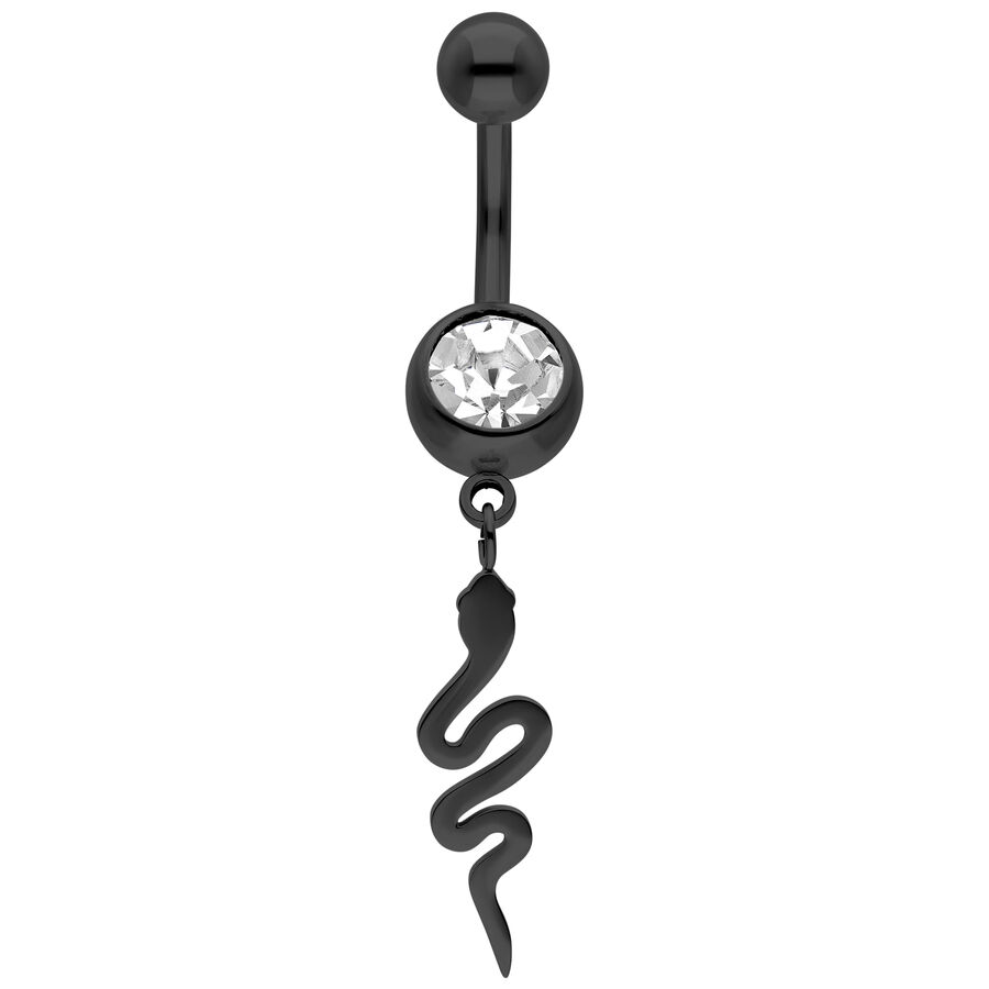 Banana barbell nero con pendente a serpente e cristallo chiaro su sfondo bianco