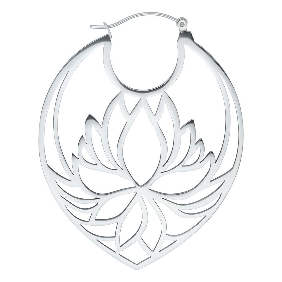 Orecchini Lotus Hoops in acciaio inossidabile argentato su sfondo bianco