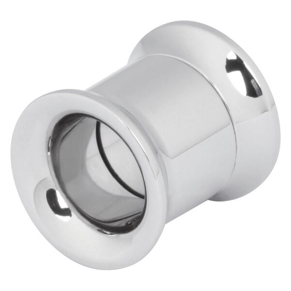 Túnel plateado y pulido con rosca interna de acero quirúrgico 316L sobre fondo blanco