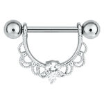 Barbell per capezzolo in argento con cristallo e design decorativo su sfondo bianco