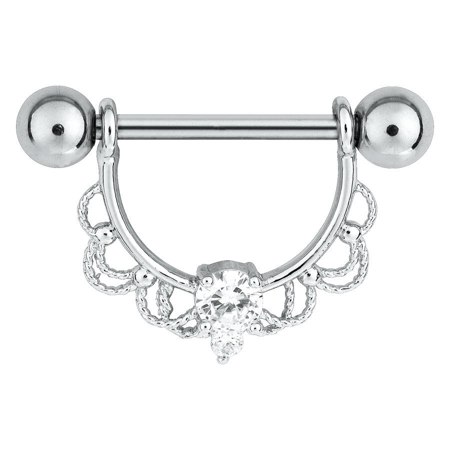Barbell per capezzolo in argento con cristallo e design decorativo su sfondo bianco